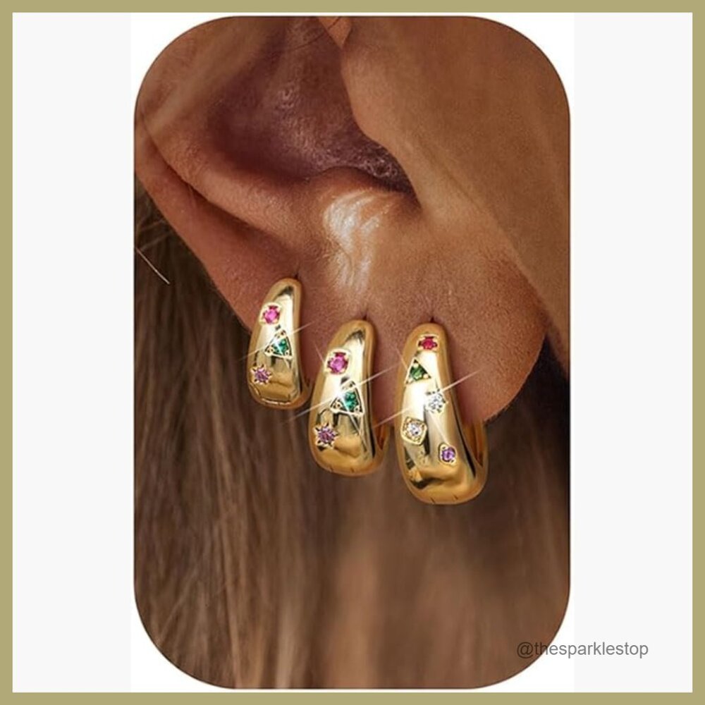 14K Gold Plated Hoop Earrings Set - 3 Pairs Chunky Huggie Earrings